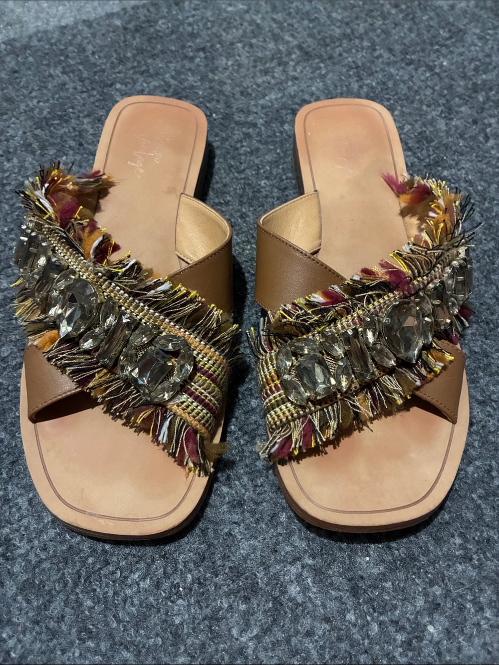 👠 Crown Vintage Brown Beaded Fringe Slide Sandals